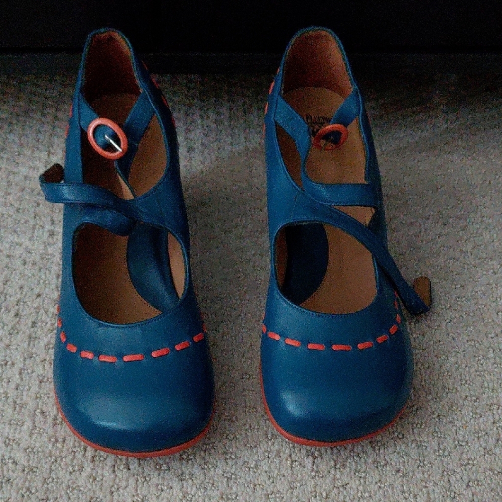 Blue Mary Jane Shoes with Red Accents